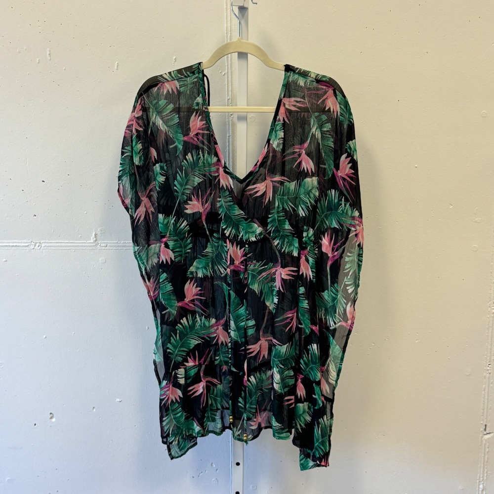 Miken Swim Tropical Bird of Paradise Floral‎ Sheer Beach Cover Up Black Medium
